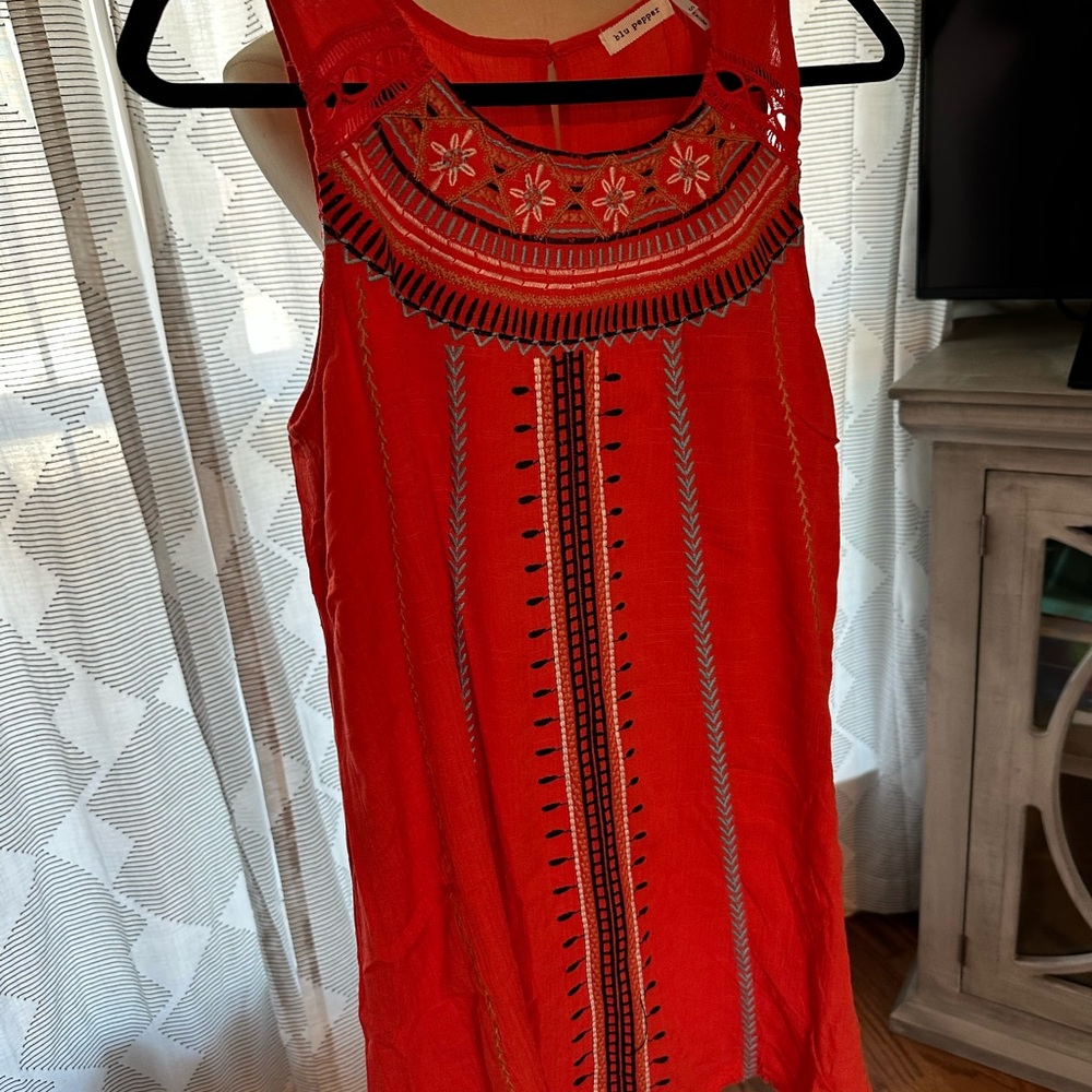 Blu Pepper Coral Red Embroidered Sleeveless Tunic